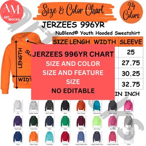May include: A size and colour chart for Jerzees 996YR NuBlend Youth Hooded Sweatshirts. The chart shows the size, length, width, and sleeve measurements in inches. The chart also includes a colour swatch of each available colour.