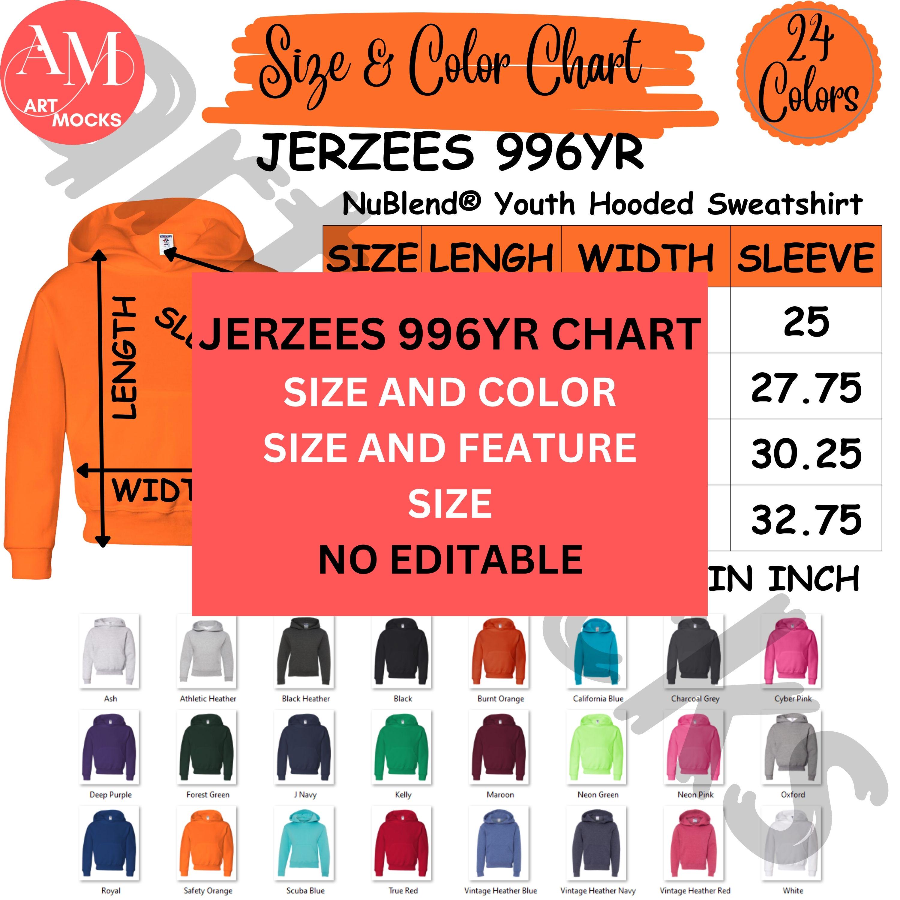 Jerzees 996YR Youth Hoodie Size Color Feature Chart | NuBlend Unisex Hooded Sweatshirt Guide | Non-Editable