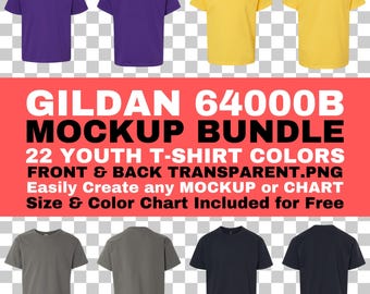 Gildan 64000B Youth T-Shirt Mockup Bundle: Front & Back (PNG, Size Chart) (Digital Download)
