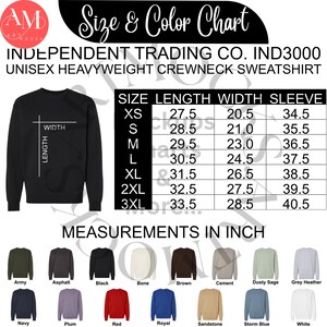 May include: Black unisex heavyweight crewneck sweatshirt with a size and colour chart. The chart shows measurements in inches (1 inch = 2.54 cm) for sizes XS to 3XL. Available colours include Army, Asphalt, Black, Bone, Brown, Cement, and Dusty Sage.