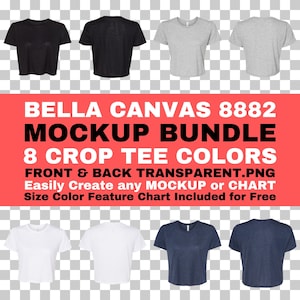 Bella Canvas 8882 Mockup Bundle Camiseta corta holgada para mujer Parte delantera y trasera PNG Fondo transparente BC 8882 Tamaño Color Tabla de características incluida gratis