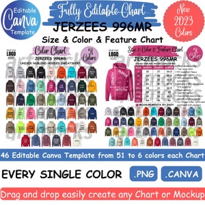 May include: A chart displaying 51 colour options for a unisex hooded sweatshirt. The chart features the Jerzees 996MR brand name, a size chart, and measurements in inches. The chart is labelled "Every Single Colour" and includes the file formats .png and .canva.