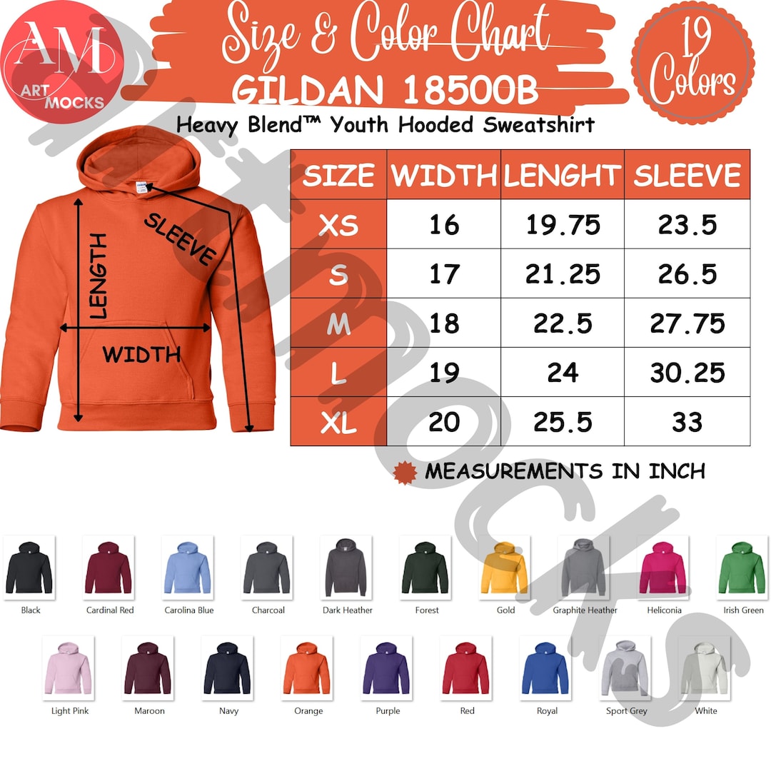Gildan 18500B Youth Hoodie Size and Color Chart No Editable Chart Etsy