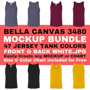 Paquete de maqueta de tanque de jersey unisex Bella Canvas 3480 Delantero y trasero JPG Fondo blanco BC3480 Tabla de colores y tallas incluida gratis