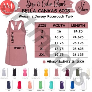 Bella Canvas 6008 Racerback Tank Tamaño y tabla de colores, 6008 Tabla de tamaños de colores, Sin tabla editable