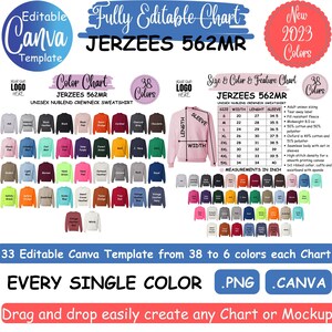 May include: A colour chart for Jerzees 562MR unisex nublend crewneck sweatshirts. The chart displays 38 different colours, including classic colours such as black, white, and navy, as well as more vibrant colours such as neon green, orange, and pink. The chart also includes a size and colour feature chart with measurements in inches.