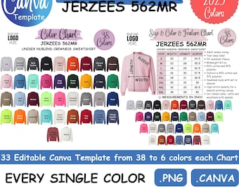 Jerzees 562MR Sweatshirt Editable Canva Template 562MR Color and Size Chart Sweater Mockup Bundle