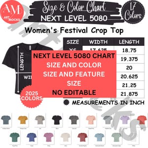 Tabla de tallas, colores y características del top corto de festival Next Level 5080 para mujer (NL5080, no editable)