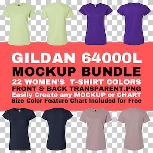 Gildan 64000L モックアップ バンドル ソフトスタイル レディース T シャツ 前面 背面 PNG 透明背景 g64000L サイズ カラー 機能 チャート 無料