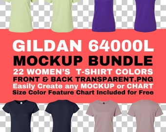 May include: A mockup bundle of 22 women's t-shirt colors in front and back views. The shirts are in various colors, including light green, purple, navy blue, and pink. The text "GILDAN 64000L MOCKUP BUNDLE" is displayed at the top of the image. The text "22 WOMEN'S T-SHIRT COLORS" is displayed below the title. The text "FRONT & BACK TRANSPARENT.PNG" is displayed below the color description. The text "Easily Create any MOCKUP or CHART" is displayed below the file type description. The text "Size Color Feature Chart Included for Free" is displayed at the bottom of the image.