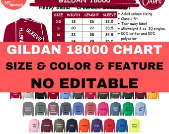 Gildan 18000 Size and Color and Feature Chart No Editable