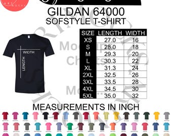 Gildan 64000 サイズ＆カラーチャートバンドル（PNG インスタントダウンロード）