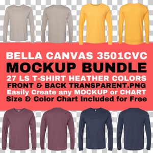 Paquete de maquetas de camiseta de manga larga Bella Canvas 3501 CVC Parte delantera y trasera PNG Fondo transparente Todos los colores Tamaño y tabla de colores gratis
