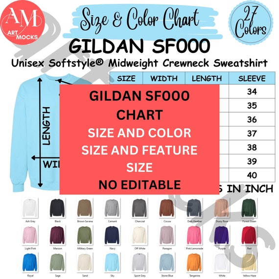 Gildan SF000 Sweatshirt Size Chart: Unisex Softstyle