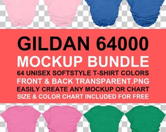 Gildan 64000 Flat Lay T-Shirt Mockup Bundle: Front, Back Views (PNG Digital Download)
