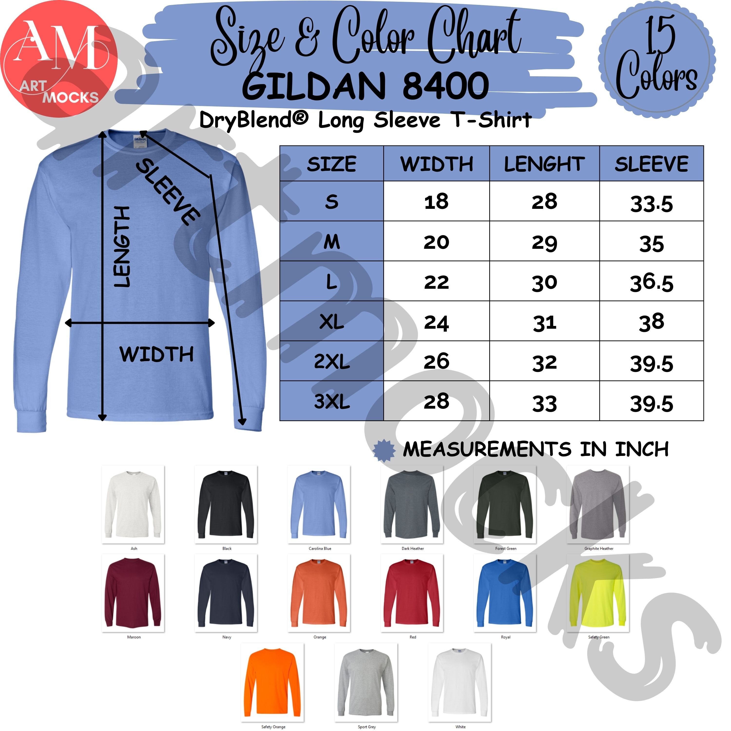 Gildan 8400 Long Sleeve T-shirt Size and Color Chart (digital