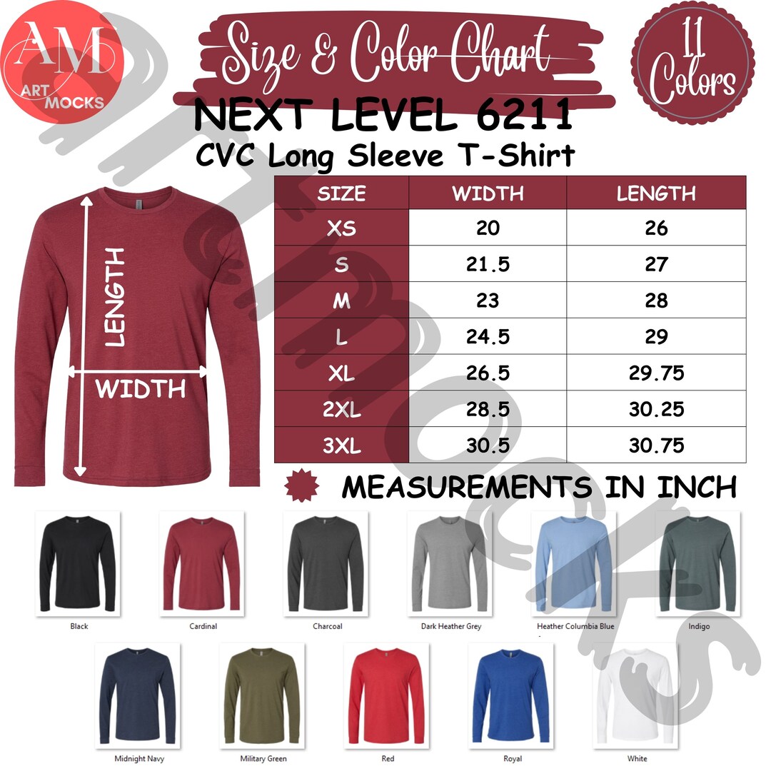 Next Level 6211 Long Sleeve T-shirt Size Chart (digital Download