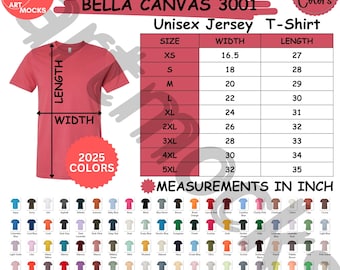 Bella Canvas 3001 Size and Color Chart (Digital Download)