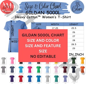 Tabla de características de color de tallas de camiseta para mujer Gildan 5000L, tabla de características de tallas de color g5000l, sin tabla editable