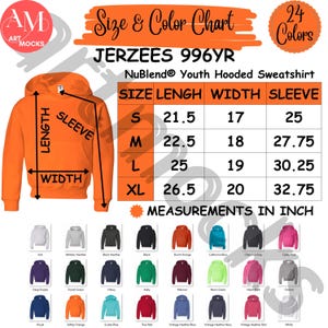 May include: Size chart for youth hooded sweatshirts in 24 colors. The chart shows measurements in inches for length, width, and sleeve length for sizes S, M, L, and XL. The chart also shows a variety of colors for the sweatshirts.