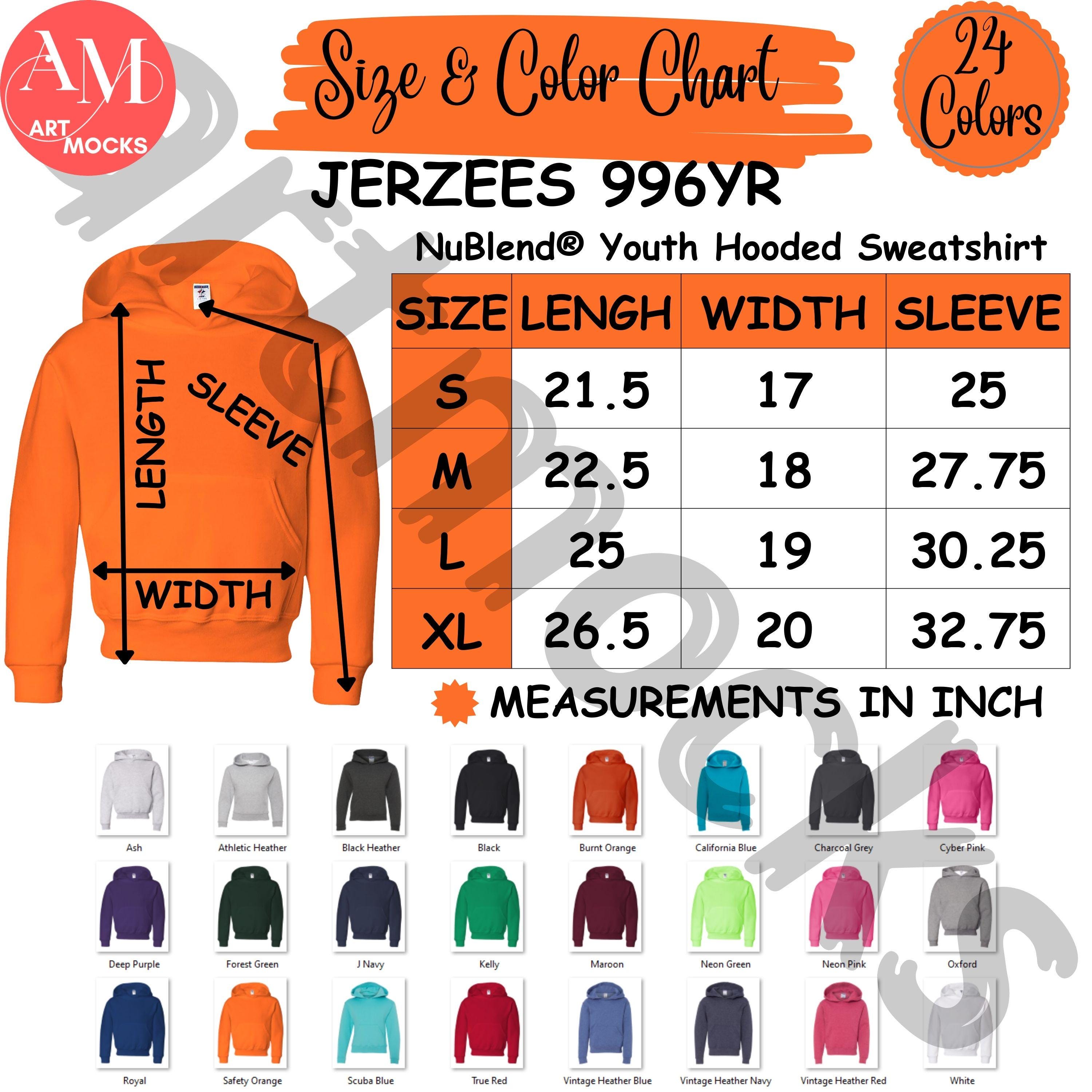 Jerzees 996YR Youth Hoodie Size and Color Chart | Nublend Unisex