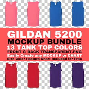Maqueta de Gildan 5200, camiseta sin mangas unisex de algodón grueso, parte delantera y trasera, PNG, fondo transparente, tamaño G5200, tabla de características de color incluida