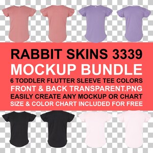 Puede incluir: Un paquete de maquetas con seis colores de camisetas de manga con volantes para niños pequeños. Las camisetas son de varios colores, incluyendo rosa, morado y negro. El texto de la imagen dice "RABBIT SKINS 3339 MOCKUP BUNDLE".
