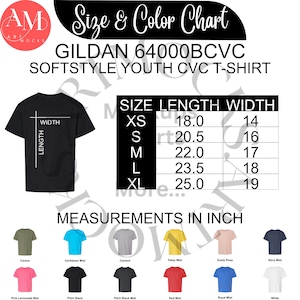 Youth CVC T-Shirt Size Chart Bundle: Gildan 64000B (Instant Download, Non-Editable PNG Inch Charts)