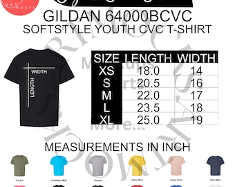 May include: A black Gildan 64000BCVC Softstyle youth CVC t-shirt with a size and color chart. The chart shows measurements in inches for sizes XS to XL. Various t-shirt colors are displayed, including Cactus, Caribbean Mist, and Dusty Rose.