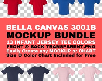Bella Canvas 3001B Mockup Bundle Infant Jersey Tee Front Back PNG Transparent Background BC3001B Tshirt Color Size Chart Included For Free