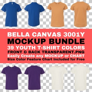 Maqueta de Bella Canvas 3001Y, paquete de camisetas unisex para jóvenes, parte delantera y trasera, PNG transparente, BC 3001Y, tabla de características de tamaño y color incluida de forma gratuita