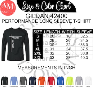 Gildan 42400 Chart Bundle Long Sleeve T-Shirt Size and Color Chart | G42400 Size Chart | No Editable Chart | Instant Download | Inch