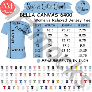 Bella Canvas 6400 Women Women’s Relaxed Jersey Tee Size and Color Chart, BC6400 Color and Size Chart, No Editable Chart