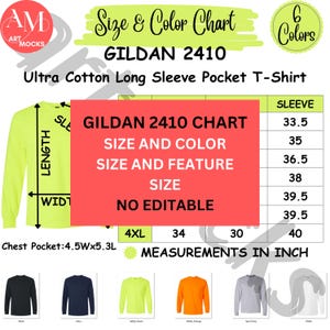 Gildan 2410 Long Sleeve T-Shirt Chart Bundle Cotton Pocket Tee Color Size Feature Charts, 3 x Charts, Non Editable Chart