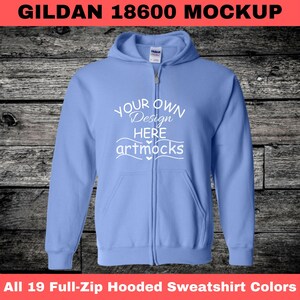 Gildan 18600 Zip Hoodie Mockup Bundle: All 19 Colors (JPG, Color Chart)