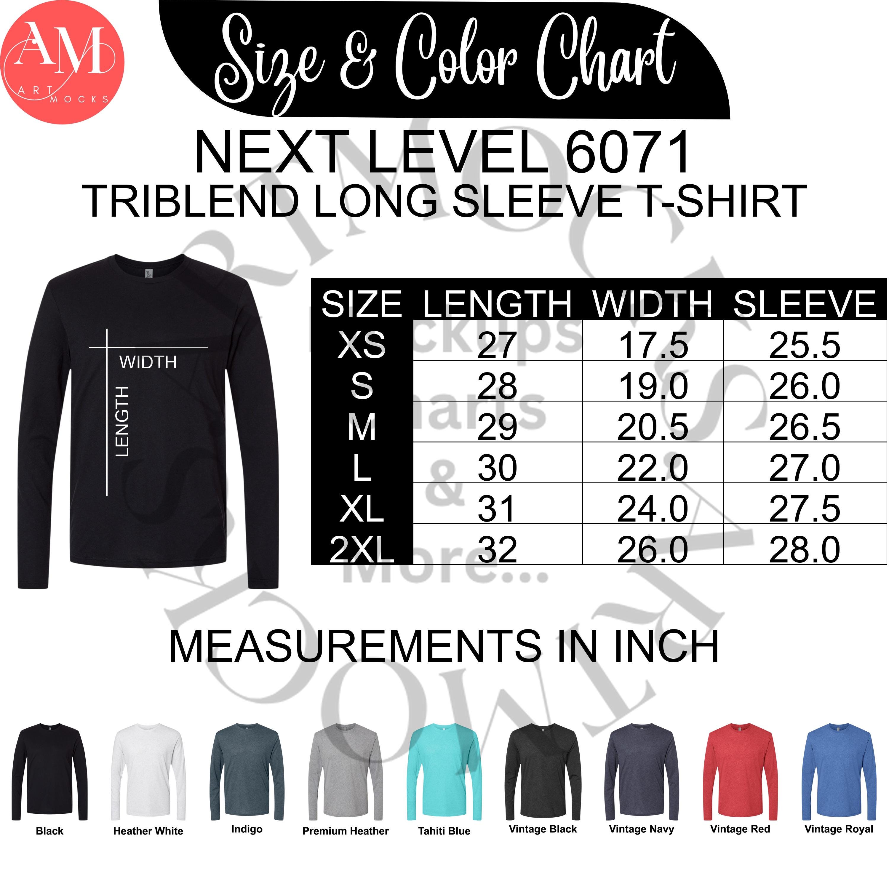 Next Level 6071 Triblend T-shirt Size Chart Bundle (digital