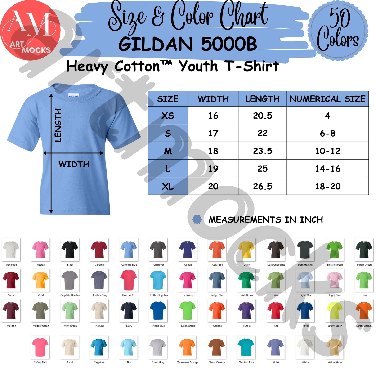 Gildan 5000B Youth Tshirt Size and Color Chart, 5000B Size and Color ...