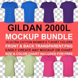 Maqueta de camiseta Gildan 2000L Ultra Cotton para mujer (parte delantera y trasera, PNG, fondo transparente) / Tabla de colores de tallas G2000L / Descarga instantánea