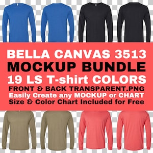 Bella Canvas 3513 Paquete de maquetas Camiseta de manga larga unisex triblend Delantero y trasero PNG Fondo transparente 3513 Tabla de colores y tallas gratis