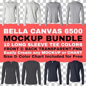 Paquete de maquetas Bella Canvas 6500 Camiseta de manga larga de jersey para mujer Parte delantera y trasera PNG Tamaño de maqueta transparente y tabla de colores incluidos gratis