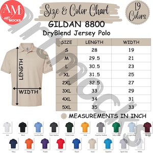 Tabla de tallas y colores de la camiseta polo Gildan 8800 Tabla de tallas y colores de la camiseta polo Gildan 8800, no editable