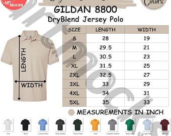 Gildan 8800 Jersey Polo Size and Color Chart (JPG Digital Download)