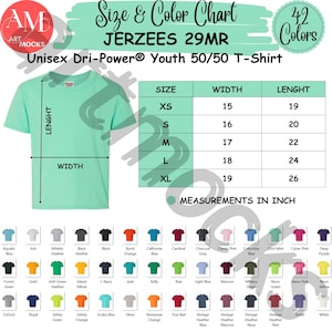 May include: Size and color chart for Jerzees 29MR youth 50/50 t-shirts. The chart shows sizes XS to XL with corresponding width and length measurements in inches. The chart is surrounded by a variety of color swatches.