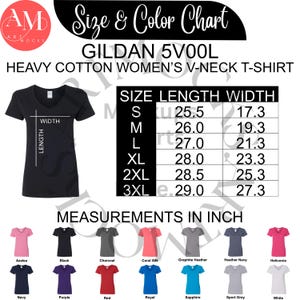 Paquete de tabla de tallas y colores de camisetas con cuello en V para mujer Gildan 5V00L / Tabla de tallas G5V00L / Tabla no editable / Descarga instantánea / Pulgadas