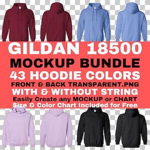 Gildan 18500 Mockup Bundle Unisex Crewneck Hooded Sweatshirt No String Front and Back PNG Transparent Background Color Size Chart For Free