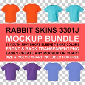 Camiseta juvenil unisex Rabbit Skins 3301J (modelo de maqueta, parte delantera y trasera, PNG, fondo transparente) / Tabla de tallas y colores RS3301J