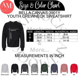 以下が含まれることがあります： サイズとカラーチャートが付いた、黒色のユースクルーネックセーター。チャートには、S、M、Lのサイズのインチ単位の測定値が表示されています。利用可能な色は、アスレチックヘザー、ブラック、ダークグレーヘザー、ディープヘザー、ヘザーフォレスト、ヘザーネイビー、モーヴ、レッドです。