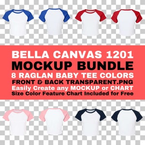 Bella Canvas 1201 Mockup Bundle Camiseta de bebé con raglán y microcanalé para mujer Parte delantera y trasera PNG transparente BC 1201 Tamaño Color Tabla de características incluida gratis