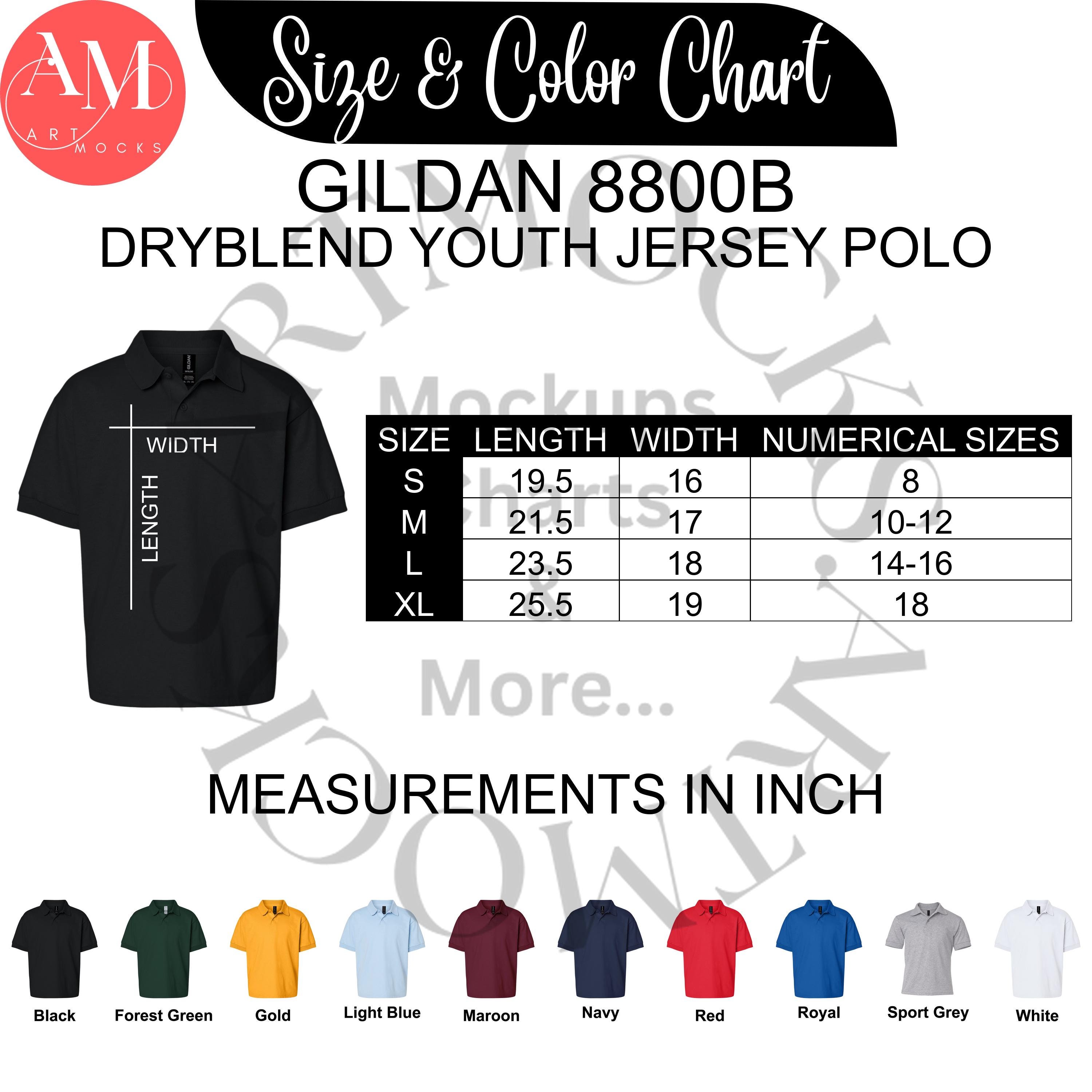 Gildan 8800B Youth Polo Size Chart Bundle (PNG Digital Download