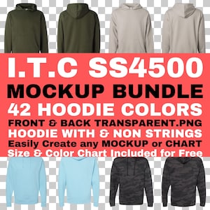 May include: A mockup bundle of 42 different colored hoodies. The image shows four different hoodies in green, gray, light gray, and dark gray. The text "I.T.C SS4500 MOCKUP BUNDLE 42 HOODIE COLORS FRONT & BACK TRANSPARENT.PNG HOODIE WITH & NON STRINGS Easily Create any MOCKUP or CHART Size & Color Chart Included for Free" is displayed below the hoodies.